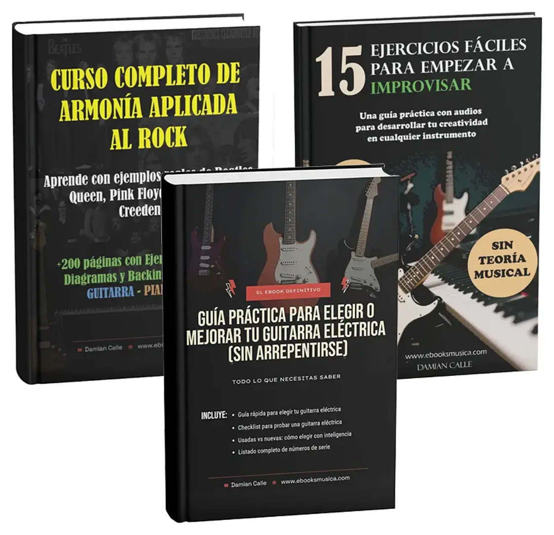 Los libros de la tienda: Curso de armonía aplicada al rock, 15 ejercicios para improvisar y Guía para elegir tu guitarra eléctrica